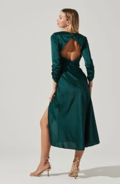 Gracie Long Sleeve Cutout Satin Midi Dress -Chic Ladies Wear Shop ADR101065 HUNTERGREEN 5