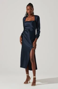 Gracie Long Sleeve Cutout Satin Midi Dress -Chic Ladies Wear Shop ADR101065 MIDNIGHT 1