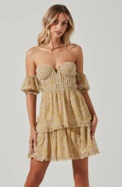 Off Shoulder Two Tier Floral Mini Dress -Chic Ladies Wear Shop ADR101294 YELLOWMULTIFLORAL 01431