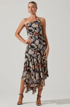 Emmylou Floral One Shoulder Midi Dress -Chic Ladies Wear Shop ADR101528 BLACKFLORAL 2