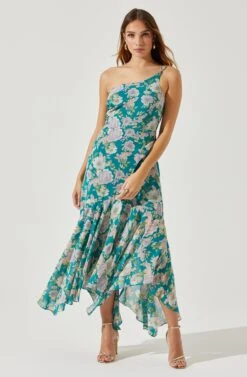 Emmylou Floral One Shoulder Midi Dress -Chic Ladies Wear Shop ADR101528 GREENPURPLEFLORAL 2