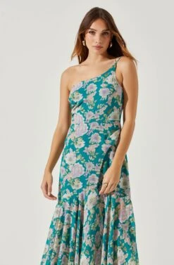 Emmylou Floral One Shoulder Midi Dress -Chic Ladies Wear Shop ADR101528 GREENPURPLEFLORAL 3