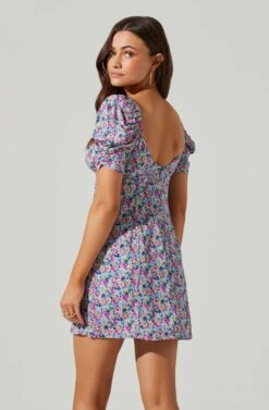 Floral Square Neck Puff Sleeve Mini Dress -Chic Ladies Wear Shop ADR101546 BLUEFUCHSIAFLORAL 3