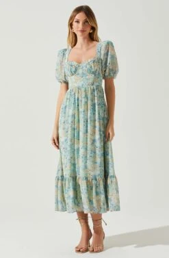 Floral Sweetheart Neck Midi Dress -Chic Ladies Wear Shop ADR101552 GREENBLUEFLORAL 1