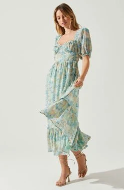 Floral Sweetheart Neck Midi Dress -Chic Ladies Wear Shop ADR101552 GREENBLUEFLORAL 2