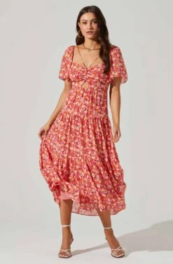 Floral Cinched Bust Cutout Center Midi Dress -Chic Ladies Wear Shop ADR101632 REDMULTIFRL 1