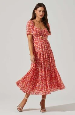 Floral Cinched Bust Cutout Center Midi Dress -Chic Ladies Wear Shop ADR101632 REDMULTIFRL 2