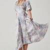 Satin Floral Bubble Sleeve Wrap Midi Dress -Chic Ladies Wear Shop ADR101664 BLUEMULTIFLORAL 2