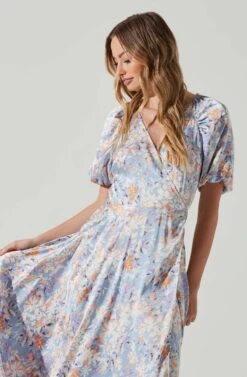 Satin Floral Bubble Sleeve Wrap Midi Dress -Chic Ladies Wear Shop ADR101664 BLUEMULTIFLORAL 3