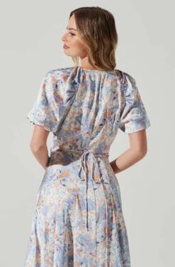 Satin Floral Bubble Sleeve Wrap Midi Dress -Chic Ladies Wear Shop ADR101664 BLUEMULTIFLORAL 5