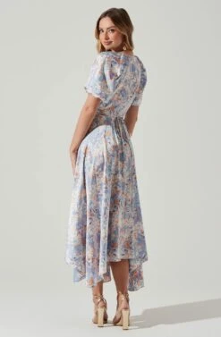 Satin Floral Bubble Sleeve Wrap Midi Dress -Chic Ladies Wear Shop ADR101664 BLUEMULTIFLORAL 6