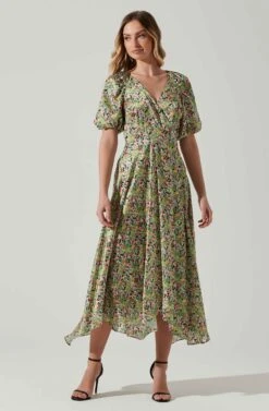 Satin Floral Bubble Sleeve Wrap Midi Dress -Chic Ladies Wear Shop ADR101664 PINKGREENMULTI 2