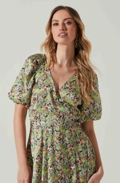 Satin Floral Bubble Sleeve Wrap Midi Dress -Chic Ladies Wear Shop ADR101664 PINKGREENMULTI 3