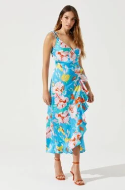 Satin Front Tie Wrap Floral Midi Dress -Chic Ladies Wear Shop ADR101683 CAPRIBLUEFLORAL 2