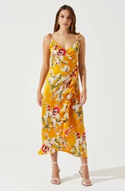 Satin Front Tie Wrap Floral Midi Dress -Chic Ladies Wear Shop ADR101683 YELLOWFLORAL 1