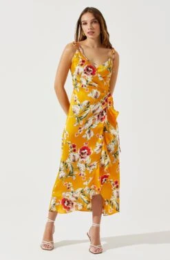 Satin Front Tie Wrap Floral Midi Dress -Chic Ladies Wear Shop ADR101683 YELLOWFLORAL 2