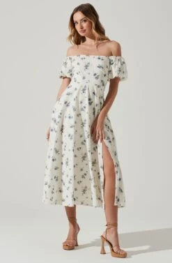 Off Shoulder Puff Sleeve Midi Dress 21 Off Shoulder Puff Sleeve Midi Dress -Chic Ladies Wear Shop ADR101706 WHITEBLUEFLORAL 2