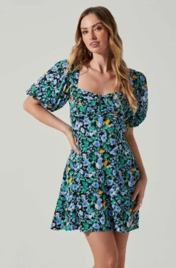 Floral Puff Sleeve Mini Dress -Chic Ladies Wear Shop ADR101755 PERIWINKLEBLKMULTI 4