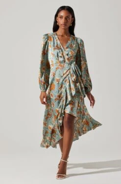 Floral Satin Wrap Long Sleeve Midi Dress -Chic Ladies Wear Shop ADR101864 DUSTYBLUEMULTIFRL 3