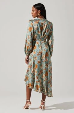 Floral Satin Wrap Long Sleeve Midi Dress -Chic Ladies Wear Shop ADR101864 DUSTYBLUEMULTIFRL 6