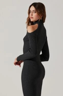 Cold Shoulder Mock Neck Midi Sweater Dress -Chic Ladies Wear Shop ADR101869 CHARCOAL 6