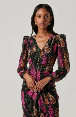 Floral Plunge Ruched Long Sleeve Midi Dress -Chic Ladies Wear Shop ADR101911 MAGENTAMULTIFRL 2