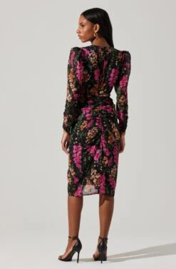 Floral Plunge Ruched Long Sleeve Midi Dress -Chic Ladies Wear Shop ADR101911 MAGENTAMULTIFRL 6
