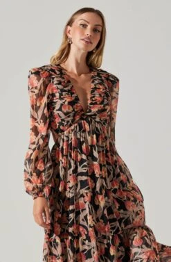 Floral Lace Back Long Sleeve Maxi Dress -Chic Ladies Wear Shop ADR102039 ORANGEBLACKFLORAL 5