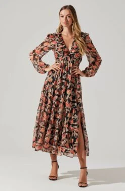 Floral Lace Back Long Sleeve Maxi Dress -Chic Ladies Wear Shop ADR102039 ORANGEBLACKFLORAL 6