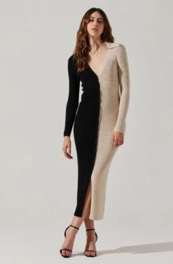 Two Toned Long Sleeve Midi Sweater Dress -Chic Ladies Wear Shop ALD45112 FCI BLACKCONTRAST 2