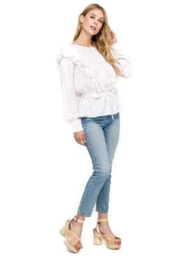 Silky Ruffle Tie Waist Blouse -Chic Ladies Wear Shop AT12976 003 IVORY 02