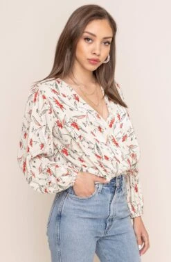 Pleated Surplice Floral Long Sleeve Top -Chic Ladies Wear Shop AT15081B IVO CORAL SKETCH FL 3AA