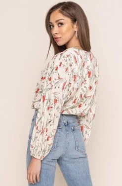 Pleated Surplice Floral Long Sleeve Top -Chic Ladies Wear Shop AT15081B IVO CORAL SKETCH FL 5B