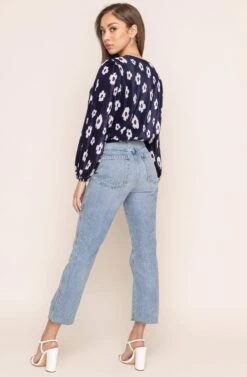 Pleated Surplice Floral Long Sleeve Top -Chic Ladies Wear Shop AT15081B NAVY RED FLORAL 3AA