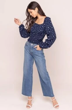Long Sleeve Square Neck Smocked Top -Chic Ladies Wear Shop AT15425 NAVY DOT 1AA
