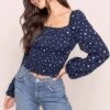 Long Sleeve Square Neck Smocked Top -Chic Ladies Wear Shop AT15425 NAVY DOT 3A