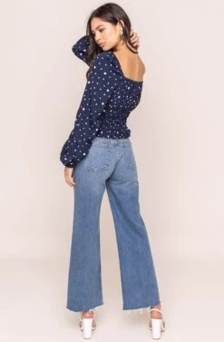 Long Sleeve Square Neck Smocked Top -Chic Ladies Wear Shop AT15425 NAVY DOT 4AA