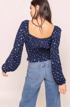 Long Sleeve Square Neck Smocked Top -Chic Ladies Wear Shop AT15425 NAVY DOT 5A