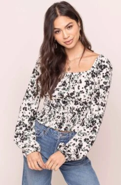 Long Sleeve Square Neck Smocked Top -Chic Ladies Wear Shop AT15425 TAUPE OLIVE MULTI FLORAL 3AA