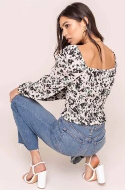 Long Sleeve Square Neck Smocked Top -Chic Ladies Wear Shop AT15425 TAUPE OLIVE MULTI FLORAL 5B