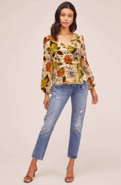 Velvet Burnout Wrap Top -Chic Ladies Wear Shop AT15439B CREAM ORANGE FLORAL 1