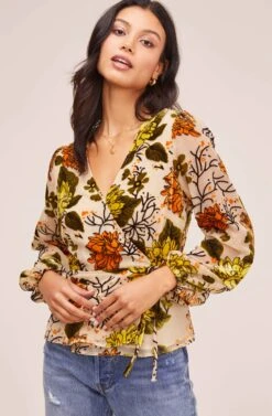 Velvet Burnout Wrap Top -Chic Ladies Wear Shop AT15439B CREAM ORANGE FLORAL 2