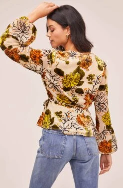 Velvet Burnout Wrap Top -Chic Ladies Wear Shop AT15439B CREAM ORANGE FLORAL 4
