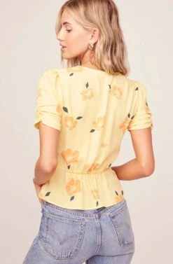 Cinch Sleeve Floral Wrap Top -Chic Ladies Wear Shop AT15532B YELLOW FLORAL 4AA
