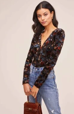 Deep V Floral Burnout Bodysuit -Chic Ladies Wear Shop AT15571B RUST BLUE BURNOUT FLORAL 2