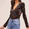 Deep V Floral Burnout Bodysuit -Chic Ladies Wear Shop AT15571B RUST BLUE BURNOUT FLORAL 3