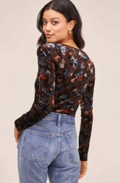 Deep V Floral Burnout Bodysuit -Chic Ladies Wear Shop AT15571B RUST BLUE BURNOUT FLORAL 5