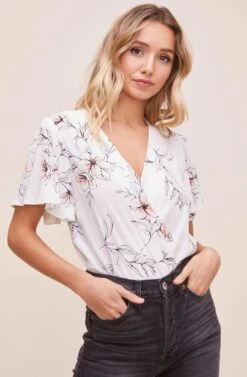 Flutter Sleeve Surplice Floral Top -Chic Ladies Wear Shop AT15688B WHITE PINK SKETCH FLORAL 5