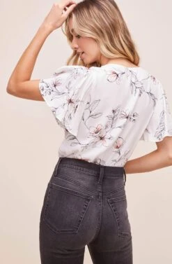 Flutter Sleeve Surplice Floral Top -Chic Ladies Wear Shop AT15688B WHITE PINK SKETCH FLORAL 7