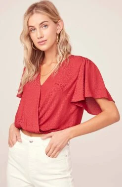 Jacquard Surplice Top -Chic Ladies Wear Shop AT15688 RED 3A